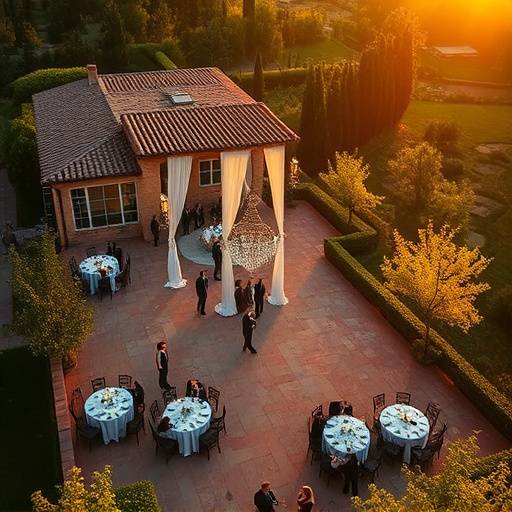 Fotografia aerea di un ricevimento di matrimonio all'aperto in una villa toscana