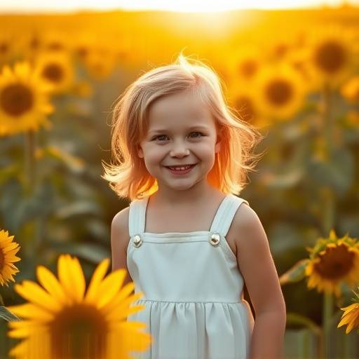 Ritratto di una bambina sorridente con un vestito bianco in un campo di girasoli