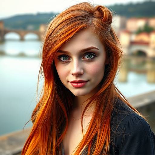 Ritratto di una giovane donna con capelli rossi e occhi verdi sullo sfondo del fiume Arno